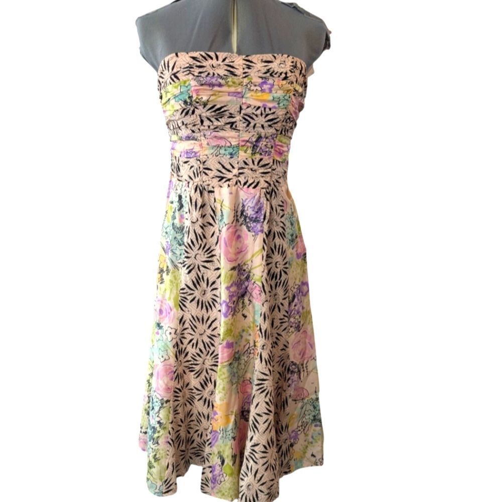 Nanette Lepore Vintage silk‎ Floral Watercolor Abstract strapless dress Size 6